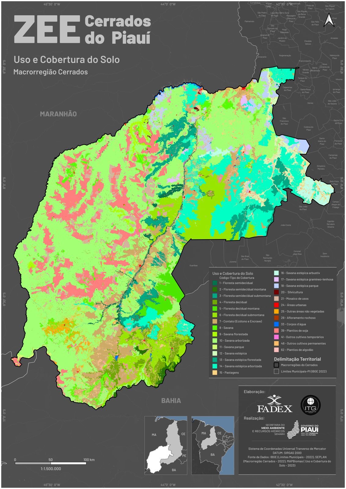 Mapa de uso e cobertura da terra em 2023 na Macrorregião Cerrados do Piauí, com vegetação nativa, agricultura e pastagem.