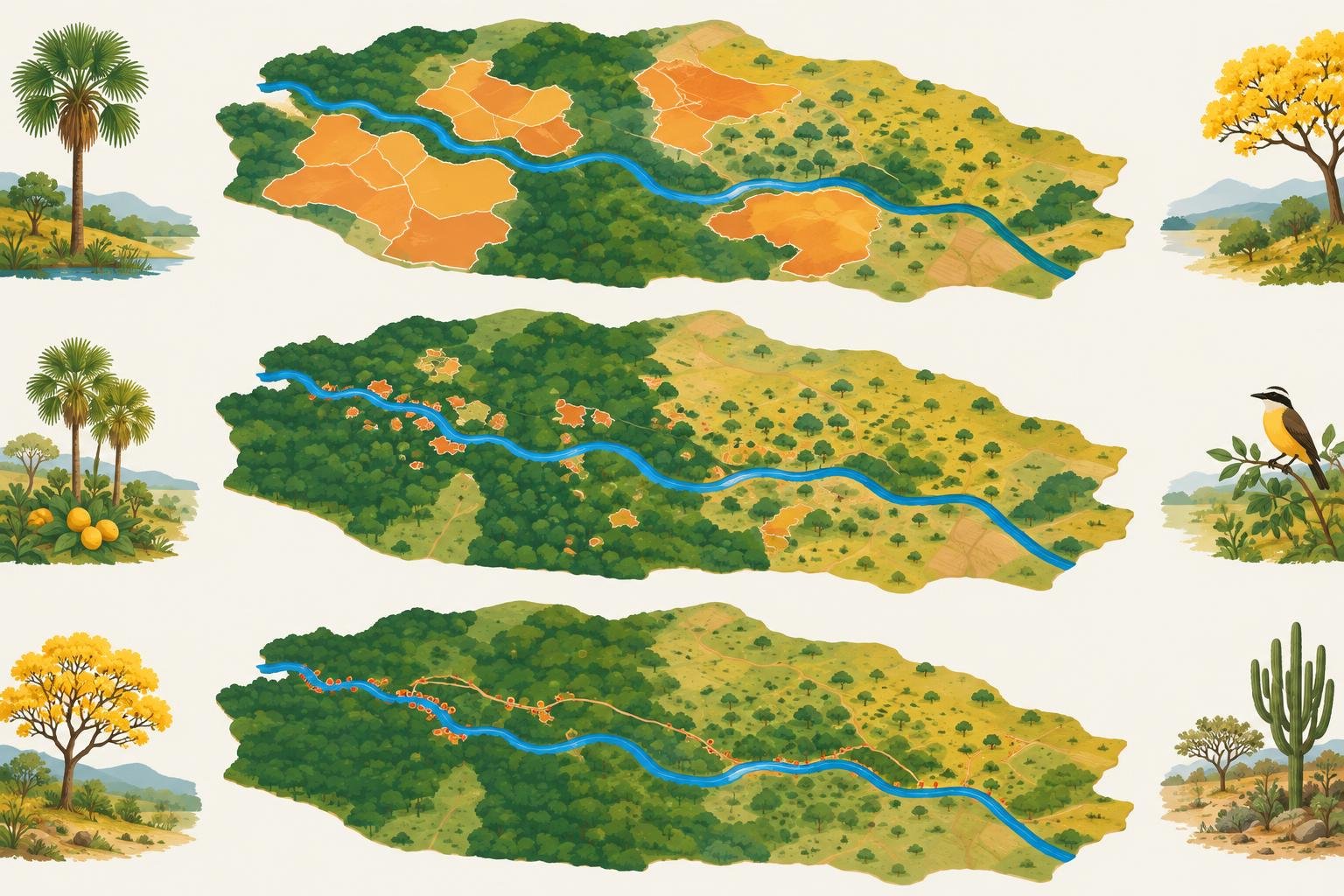 Três painéis de mapas do mesmo território comparando polígonos grandes de desmatamento, manchas recentes e pequenos alertas pontuais.